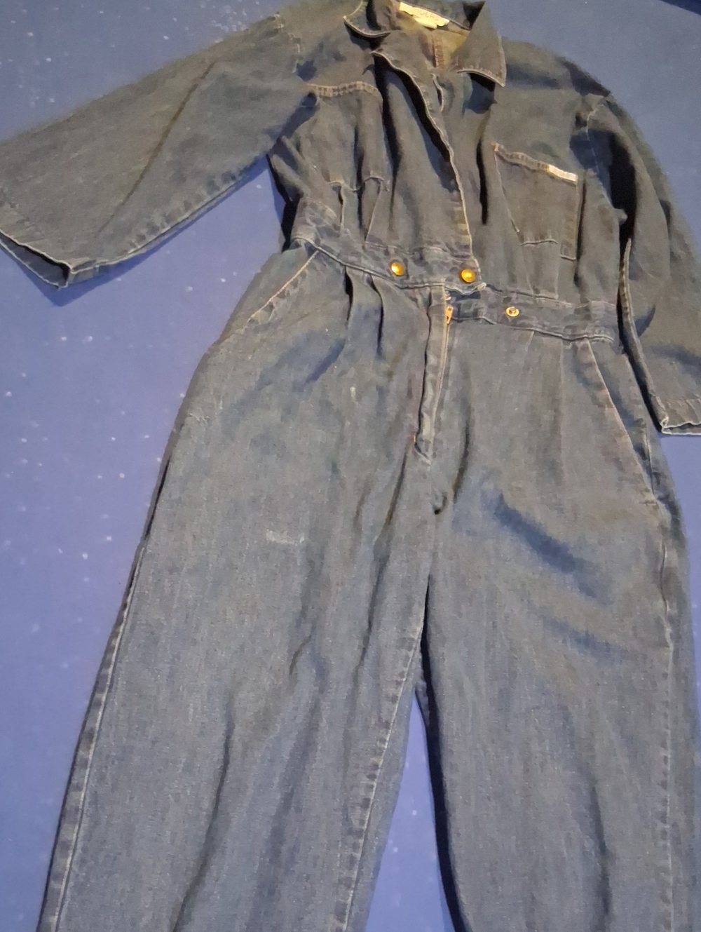 Vintage Women's Dark Blue Denim Jumpsuit with Buttoned Waist